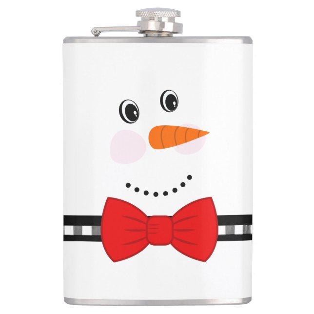 Snowman Face Red Bowtie Black Buffalo Plaid Flask (Front)