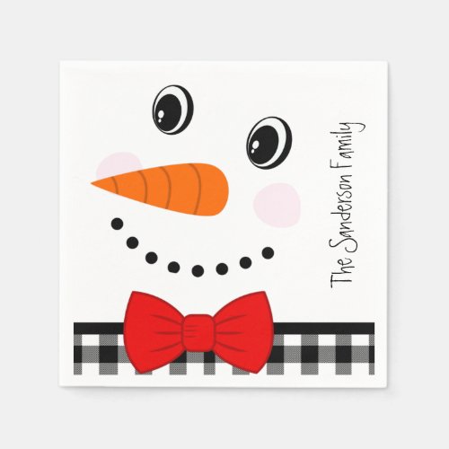 Snowman Face Red Bowtie Black Buffalo Plaid Trim   Napkins