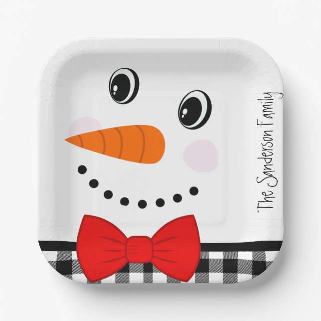 Snowman Face Red Bowtie Black Buffalo Plaid Trim   Paper Plates (Front)