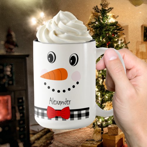Snowman Face Red Bowtie Black Buffalo Plaid Trim Two_Tone Coffee Mug
