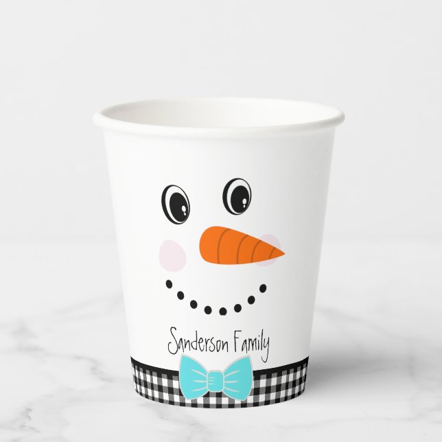 Snowman face Teal blue Bowtie Black Buffalo Plaid Paper Cups (Front)