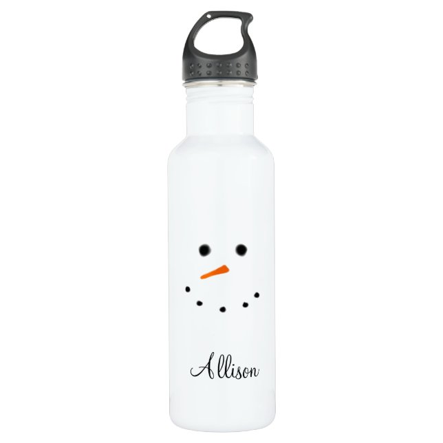 Snowman Face White Christmas Personalized Stainless Steel Water Bottle (Front)