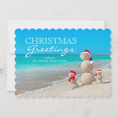 Snowman Family At Sea Beach In Santa Hat Holiday Card