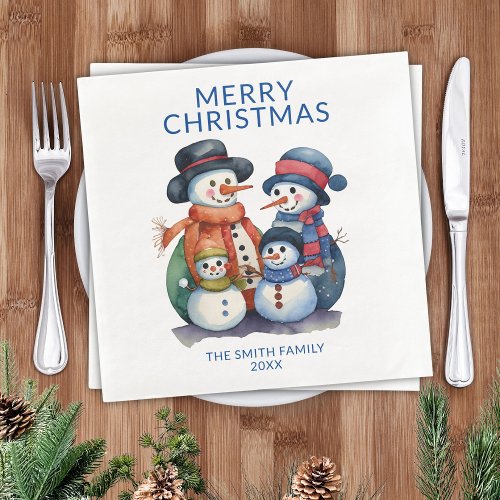 Snowman Family Blue Christmas Party Paper Dinner Napkins