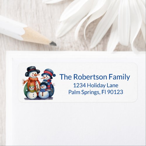 Snowman Family Blue Return Address Label
