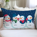 Snowman Family Christmas Custom Name Holiday Lumbar Pillow<br><div class="desc">Snowman Family Christmas Custom Name Holiday Lumbar Pillow. Cute four person snowman family custom personalized names decorative Christmas throw pillow. Makes the perfect Christmas gift and holiday decor for winter.</div>