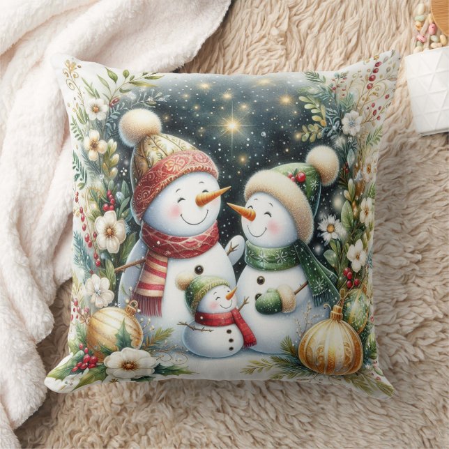 Snowman Family Christmas Throw Pillow (Blanket)