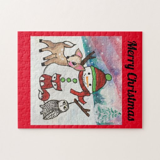 Snowman Family Cute Animals Merry Christmas Jigsaw Puzzle | Zazzle