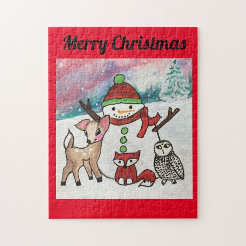 Snowman Family Cute Animals Merry Christmas Jigsaw Puzzle