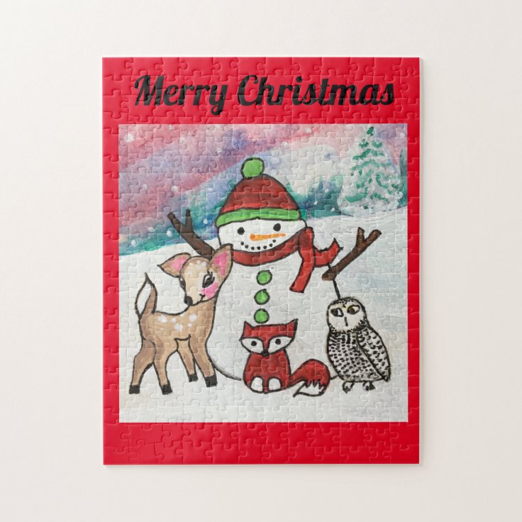 Snowman Family Cute Animals Merry Christmas Jigsaw Puzzle | Zazzle