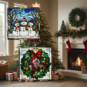 Snowman Family Faux Stained Glass Ceramic Ornament