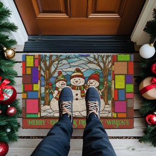 Snowman Family Faux Stained Glass Fiber Doormat