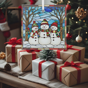 Snowman Family Faux Stained Glass Ornament