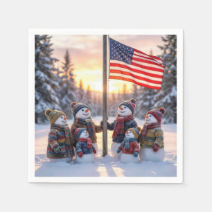 Snowman Family Gathering Around a Flagpole Napkins