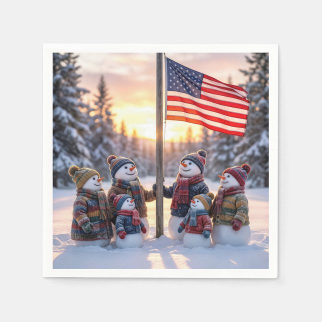 Snowman Family Gathering Around a Flagpole Napkins (Front)