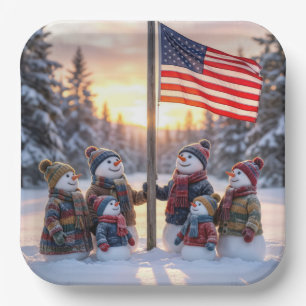 Snowman Family Gathering Around a Flagpole Paper Plates