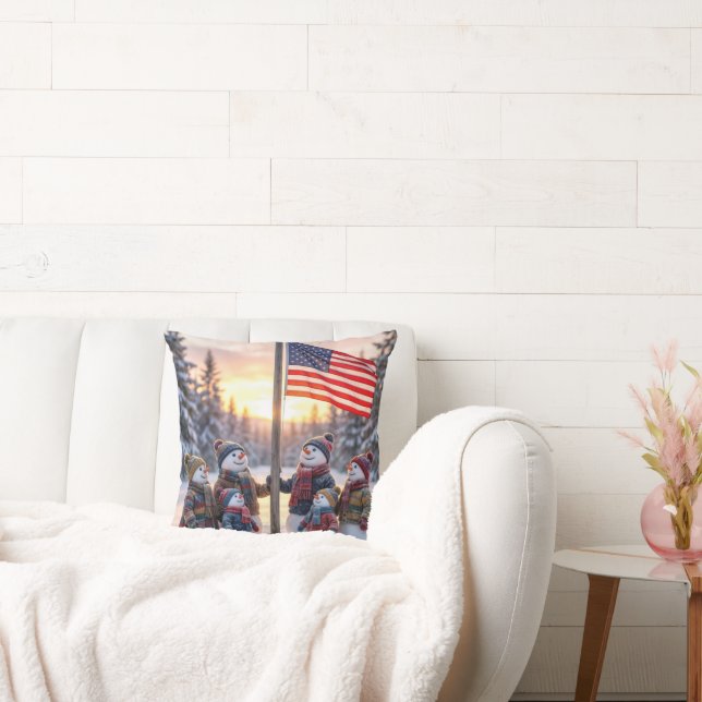 Snowman Family Gathering Around a Flagpole Throw Pillow (Couch)