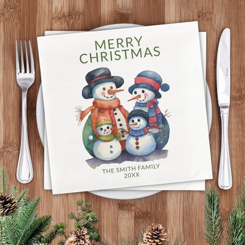 Snowman Family Green Christmas Party Paper Dinner Napkins