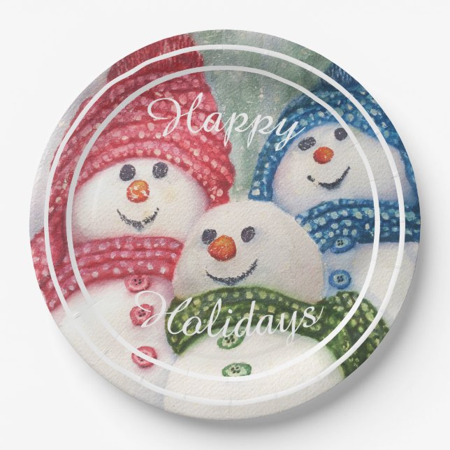 Snowman Family Happy Holiday Party Paper Plates (Front)