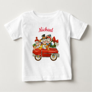 Snowman family in car Christmas personalized name Baby T-Shirt