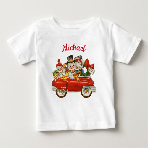 Snowman family in car Christmas personalized name Baby T_Shirt