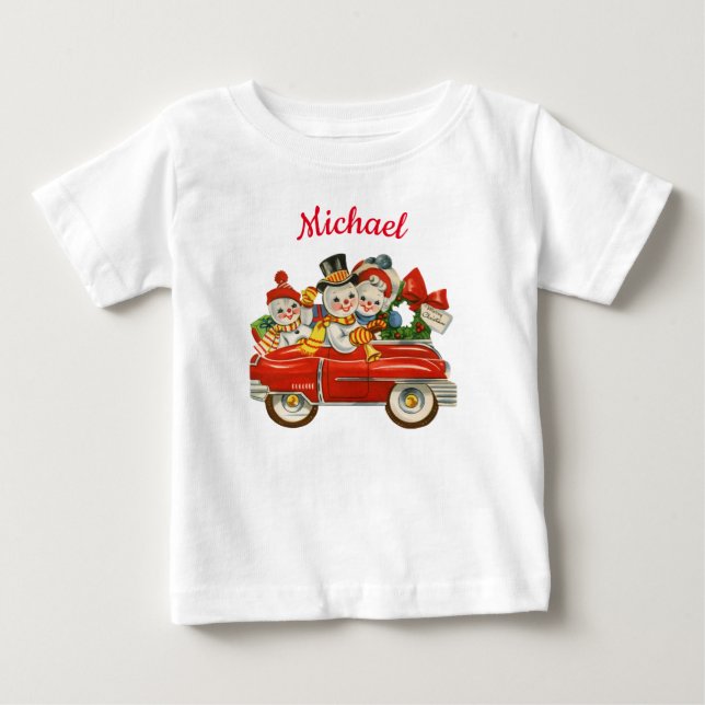 Snowman family in car Christmas personalized name Baby T-Shirt (Front)