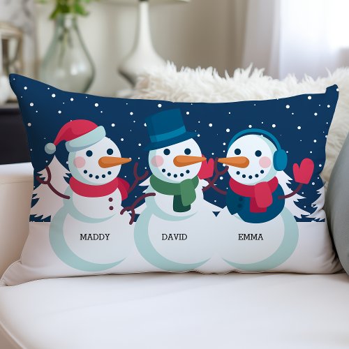 Snowman Family Name Cute Christmas Holiday Lumbar Pillow
