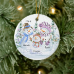 Snowman Family of 3 Cute Personalized Christmas Ceramic Ornament<br><div class="desc">Cute personalized christmas ornament for a family of 3. Double-sided design features a happy trio of snowmen surrounded by christmas trees and you can personalize it with the year and your names.</div>