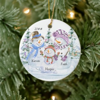 Snowman Family Of 3 Cute Personalized Christmas Ceramic Ornament by darlingandmay at Zazzle