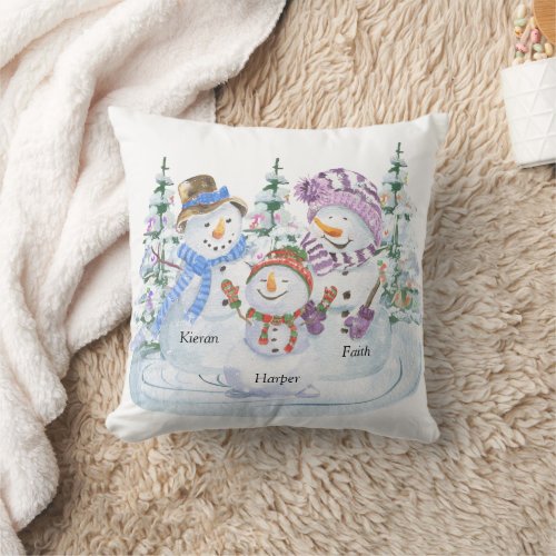 Snowman Family of 3 Personalized Cute Christmas Throw Pillow