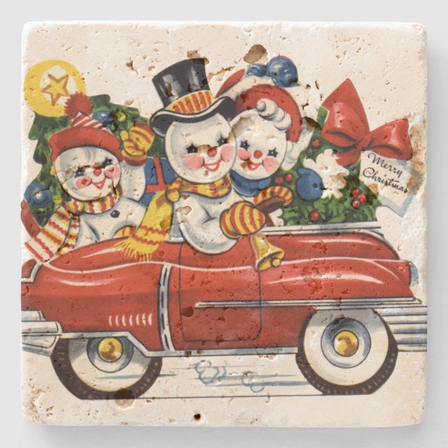 Snowman Family Out For a Drive Christmas Stone Coaster (Front)