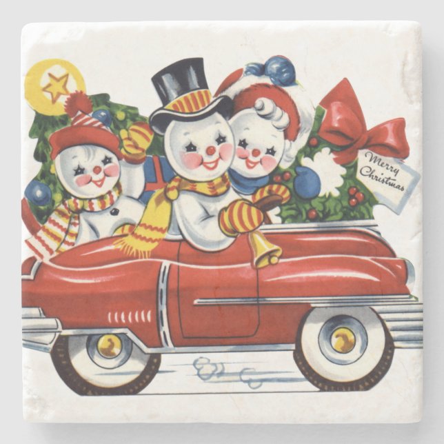 Snowman Family Out For a Drive Christmas Stone Coaster (Front)