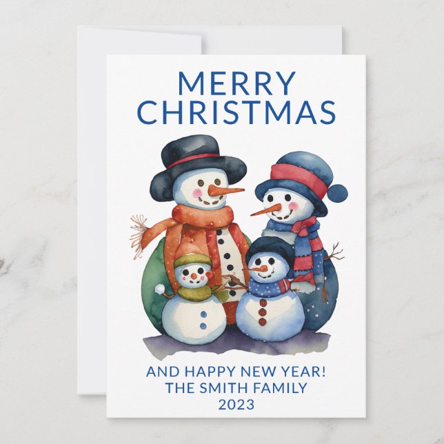 Snowman Family Presents Blue Christmas Invitation (Front)