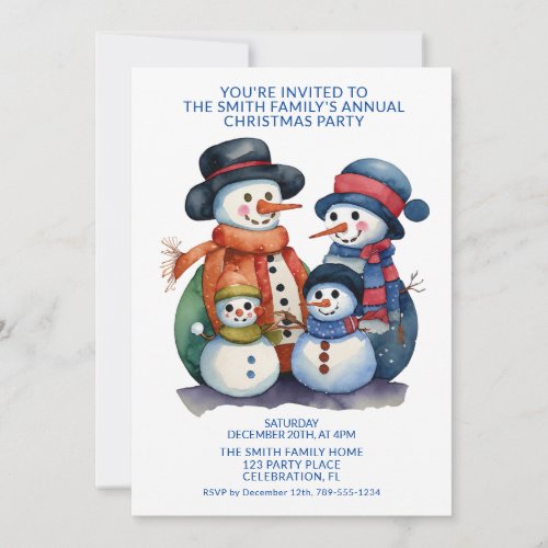 Snowman Family Presents Blue Party Invitation