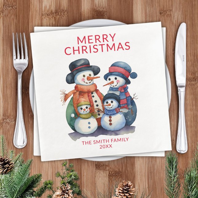 Snowman Family Red Christmas Party Paper Dinner Napkins (Creator Uploaded)