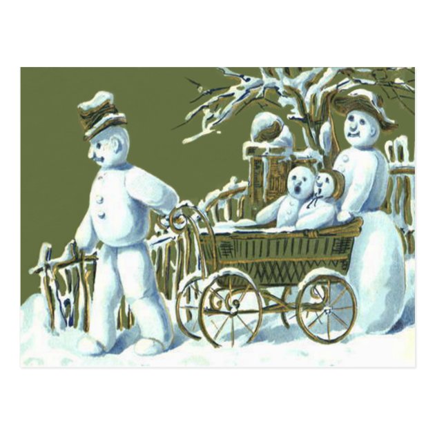 Snowman Family Walk Stroll Snow Postcard