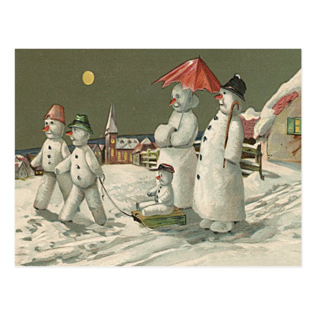 Snowman Family Winter Playing Snow Church Postcard