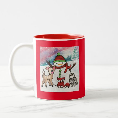 Snowman Family Woodland Animals Cute Christmas Two_Tone Coffee Mug