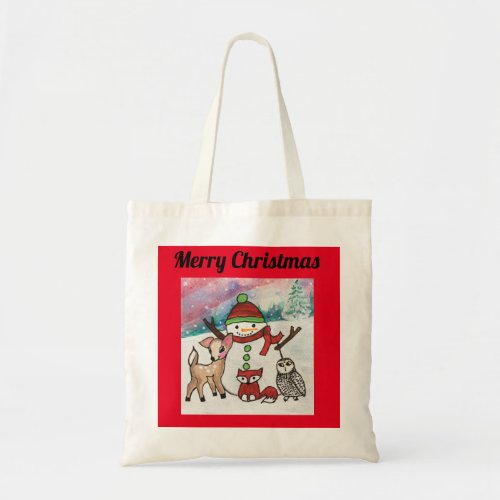 Snowman Family Woodland Animals Merry Christmas Tote Bag