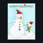 Snowman father and son holiday postcard<br><div class="desc">Cute adult snowman with his sweet son. Text on the card: Happy holidays with a heart on top of the i.</div>