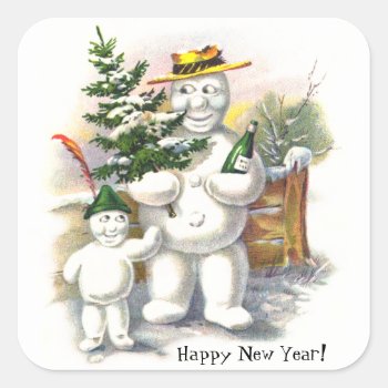Snowman Father And Son Square Sticker by vintagechest at Zazzle