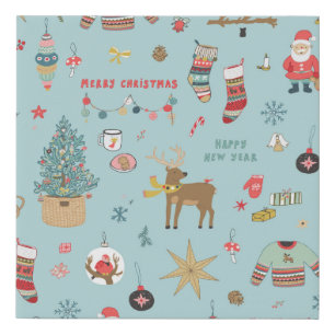Snowman Fir-Tree Christmas Wrapping Pattern Faux Canvas Print