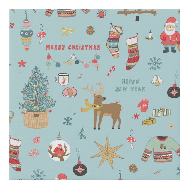 Snowman Fir-Tree Christmas Wrapping Pattern Faux Canvas Print (Front)