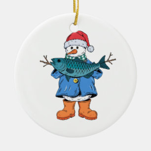 Snowman Fisherman Christmas 2026 Holiday Fishing Ceramic Ornament