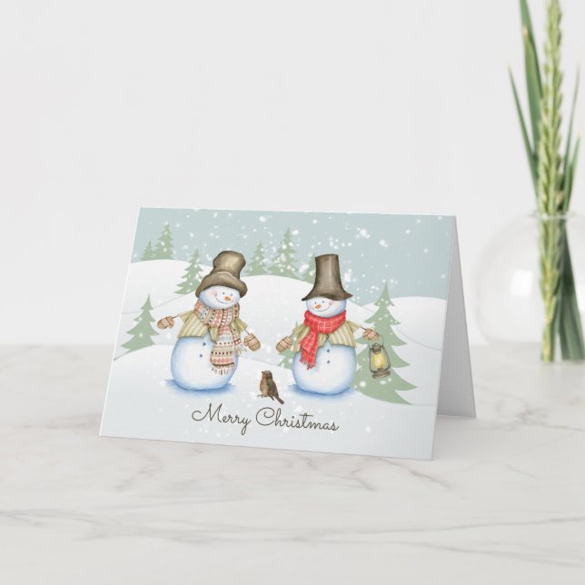 Snowman Friend Bird Merry Christmas Cute Holiday  Card (Front)