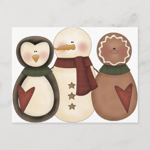 Snowman friends-gingerbread man,penguin postcard