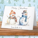 Snowman From Both Of Us Merry Christmas Greeting Holiday Card<br><div class="desc">A charming Christmas card with watercolor-style picture of a snowman couple holding hands. The greeting at the top is 'Merry Christmas' in festive typography, and below the picture the text is 'from both of us'. The greeting 'Merry Christmas' is also inside the card. A cute winter holiday card for couples...</div>