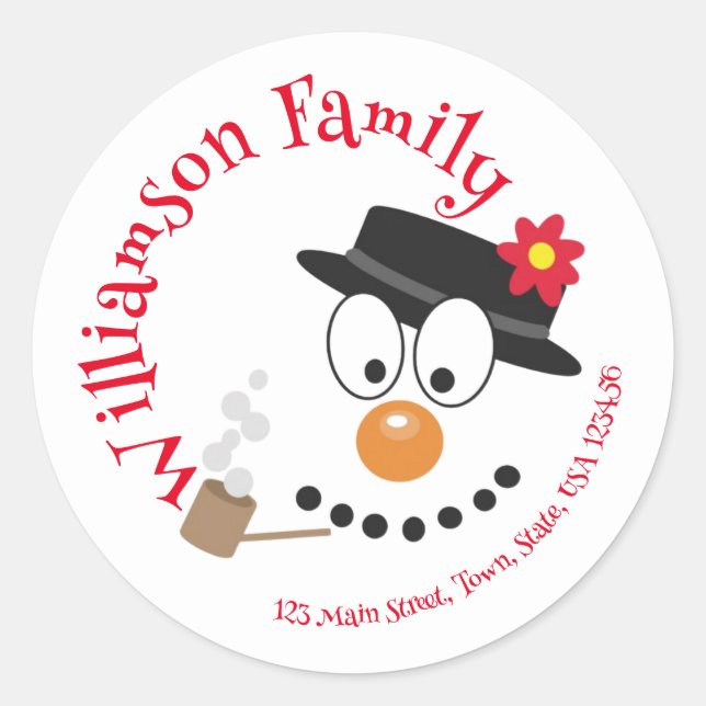 Snowman Funny Face Cute Novelty Christmas Address  Classic Round Sticker (Front)