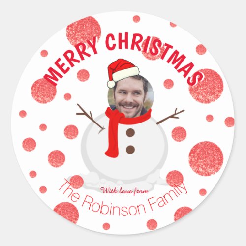 Snowman Funny Photo Face Red White Personalized Classic Round Sticker