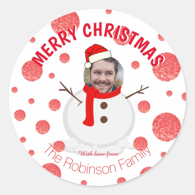 Snowman Funny Photo Face Red White Personalized Classic Round Sticker (Front)